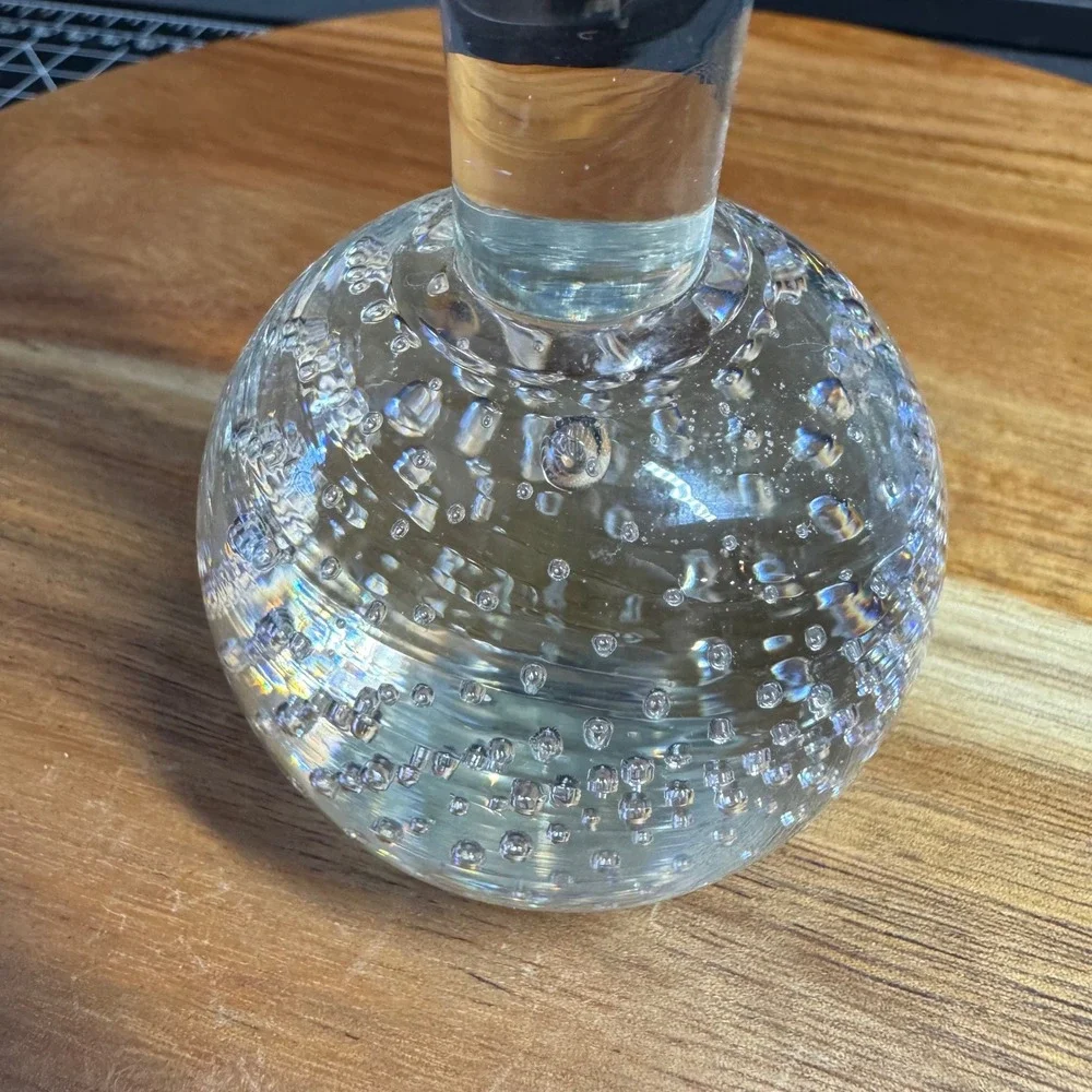 Vintage Controlled Bubble Art Glass Bud Vase Clear Bullicante Ball Base 8 Inch